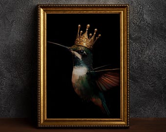 Moody Hummingbird with King Crown,Vintage Bird as King with Crown, Gift for Bird Lover, Dark Moody  Prints,Dark Hummingbird Painting