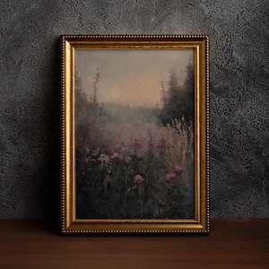 Dark Academia Felddruck, Cottagecore Kunst, launische Wandkunst, dunkle botanische, launische Blumen, rustikale Landschaft, Vintage Wald