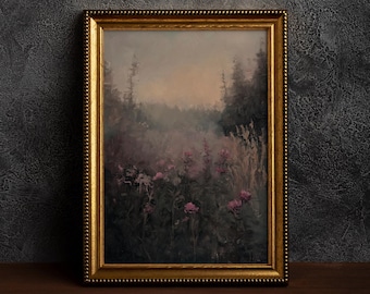 Dark Academia Field Print,Cottagecore Art,Moody Wall Art,Dark Botanical ,Dark Academia Floral,Moody Flowers,Rustic Landscape,Vintage Forest