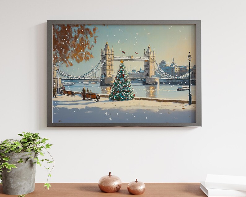 May include: A framed painting of a snowy scene with Tower Bridge in London, England. A Christmas tree stands in the foreground with a couple walking by.