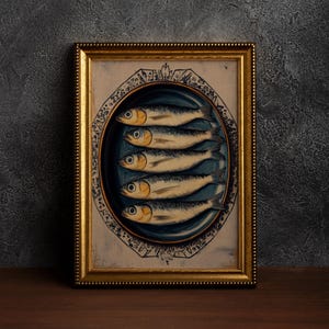 May include: A framed print of a still life painting depicting a blue and white plate with five silver fish arranged in a row. The plate is on a white background with a gold frame.