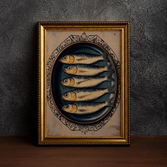 Sardine Painting Antique Still Life Fish ,Vintage Sea Life,Nautical Sardine Fish, Coastal Home Decor, Vintage Fish Art,Sardine Lover Gift