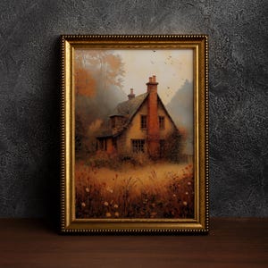 Cottage in Forest ,Vintage Dark Academia Cottage Print | Moody Cottagecore Decor, Gothic Wall Art, Aesthetic Fall Landscape Cottage Poster