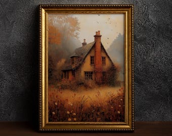 Cozy Fall Cottage | Rustic Farmhouse Landscape | Vintage Autumn Painting | Misty English Countryside Decor | Wildflower Meadow House Art