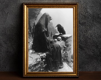 Gothic Rabe und Druide Krähe,Tierportrait,Dark Academia Raven Print,Victorian Crow,Whimsigoth Crow Prints,Halloween Rabe Liebhaber Geschenk
