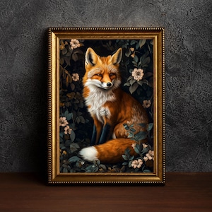 Fox in Forest Vintage Print, William Morris Inspired Fox Poster, Dark Academia Cottagecore Decor, Fox Lover Gift, Woodland Animal Wall Art