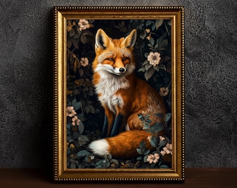 Fox in Forest Vintage Print, William Morris Inspired Fox Poster, Dark Academia Cottagecore Decor, Fox Lover Gift, Woodland Animal Wall Art