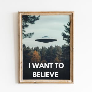 May include: A framed print with a photograph of a flying saucer hovering over a forest. The text "I WANT TO BELIEVE" is printed below the image.