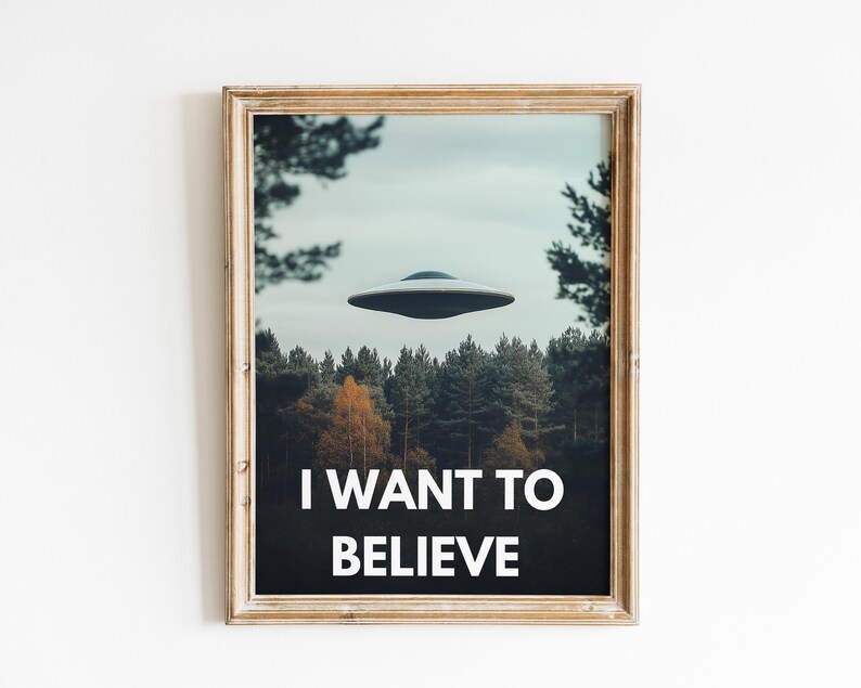 May include: A framed print with a photograph of a flying saucer hovering over a forest. The text "I WANT TO BELIEVE" is printed below the image.