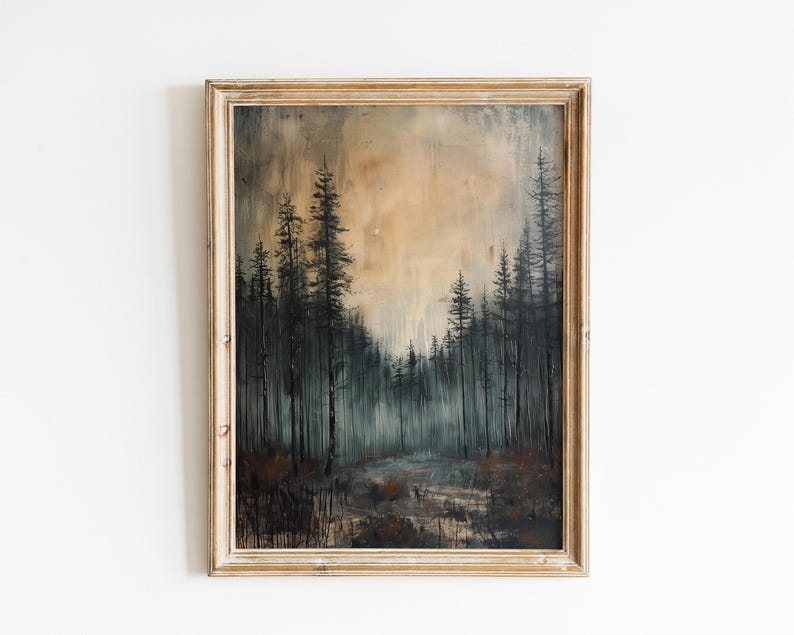 May include: A framed painting of a forest scene with tall, dark trees and a light brown sky. The trees are silhouetted against the sky, and the painting has a moody, atmospheric feel.