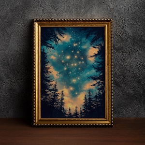 May include: A framed print of a forest scene with a starry night sky. The trees are silhouetted against the sky, which is a deep blue with white stars and a hint of orange clouds.