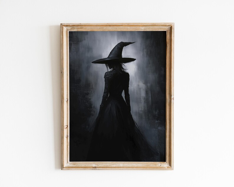 May include: A framed painting of a woman in a black dress and a large, pointed witch hat. The woman is standing in a dark, shadowy forest. The painting is done in a dark, moody style.