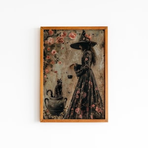 May include: A framed illustration of a witch in a black dress and a pointed hat, holding a scale. She is standing in front of a black cat sitting in a cauldron. The background is a floral pattern with pink roses.