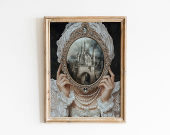 Victorian Woman with Mirror-Baroque Wall Art, Dark Academia Decor,Renaissance Art Prints, Dark Moody Antique Art,Dagger Print,Altered Print