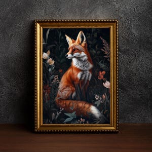 Fox and Flower Art Print, Victorian Fox Poster, Dark Cottagecore Decor, Moody Room Botanical,Fox Lover Gift,William Morris Inspired Fox