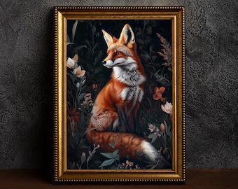 Fox and Flower Art Print, Victorian Fox Poster, Dark Cottagecore Decor, Moody Room Botanical,Fox Lover Gift,William Morris Inspired Fox