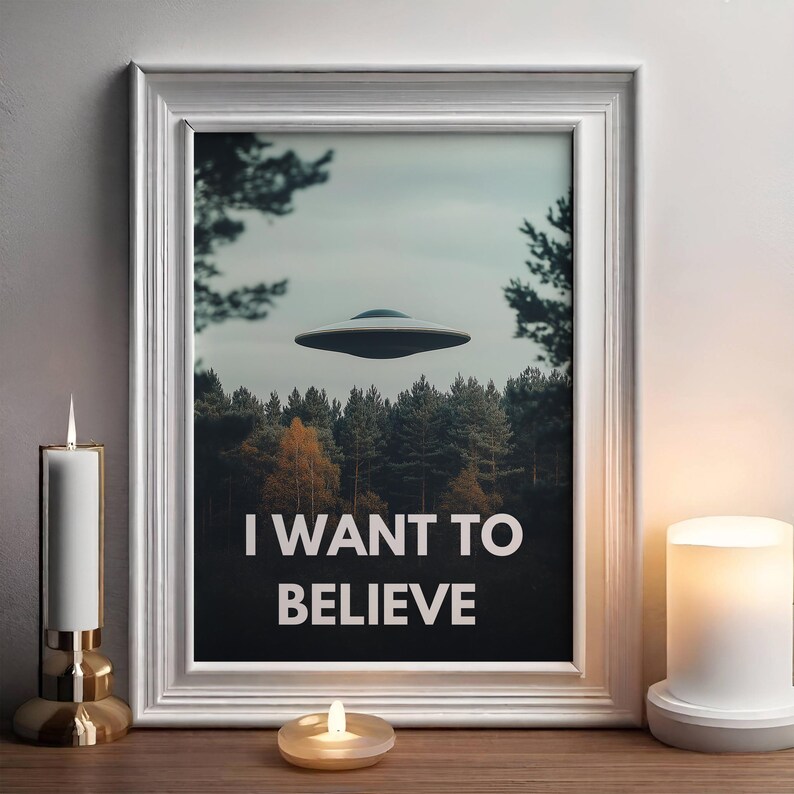 May include: A framed print with a black and white image of a flying saucer over a forest. The text "I WANT TO BELIEVE" is printed below the image.