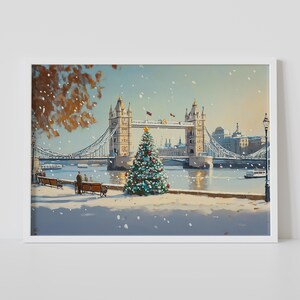 May include: A snowy winter scene with a Christmas tree in front of Tower Bridge in London. The bridge is decorated with lights and there are people walking on the bridge.