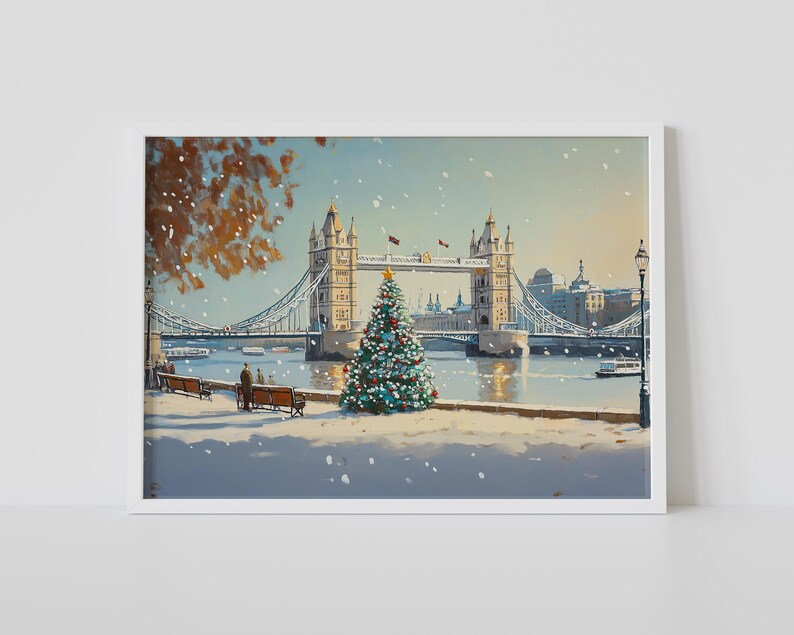May include: A snowy winter scene with a Christmas tree in front of Tower Bridge in London. The bridge is decorated with lights and there are people walking on the bridge.