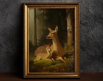 Antique Deer Family in Forest,Dark Academia Wildlife, Woodland Animal Decor, Cottagecore Deer Print, Vintage Animal Wall Art,Deer Lover Gift