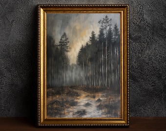 Rustiek boslandschapsschilderkunst, vintage kunstprints, boomschetskunst, donkere muurkunst, bosnacht, humeurige donkere academische wereld, vintage boslandschap, vintage boslandschap