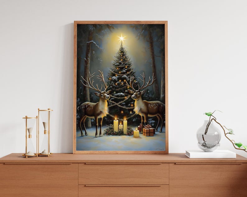 Deer and Christmas Tree Wall Art - Rustic Winter Deer Print, Festive ...