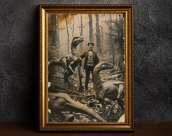 Dinosaur and Aristocrat -Dark Academia Print,Gothic Prints,Old Photo Art,Occult Poster,Nostalgic Fantasy Print,Vintage Dinosaur