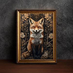 Fox Portrait Vintage Art Print, William Morris Inspired Fox Print, Dark Academia Cottagecore Decor, Fox Lover Gift, Woodland Animal Wall Art