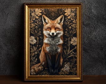 Fox portret vintage Art Print, William Morris geïnspireerde Fox Print, Dark Academia Cottagecore Decor, Fox Lover Gift, Woodland Animal Wall Art