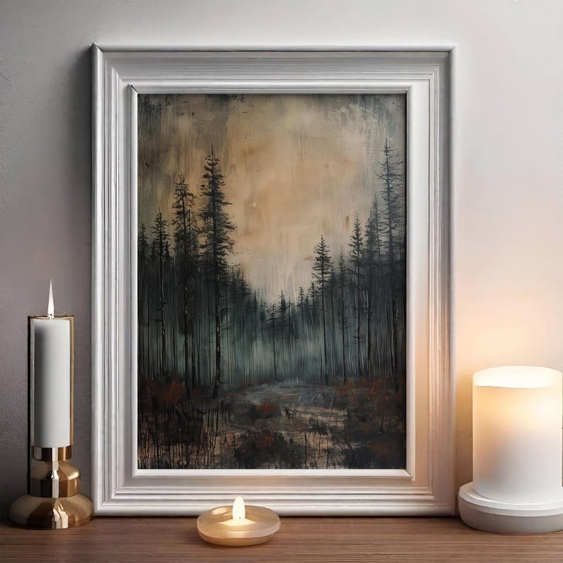 May include: A framed painting of a forest scene with tall, dark trees and a light brown background. The trees are silhouetted against the sky, creating a sense of depth and mystery. The painting is framed in a white frame with a subtle distressed finish.