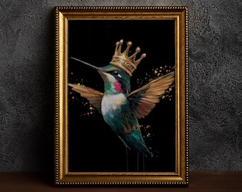 Moody Hummingbird with King Crown,Vintage Bird as King with Crown, Gift for Bird Lover, Dark Moody  Prints,Dark Hummingbird Painting