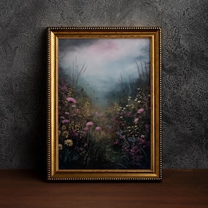 Dark Academia Felddruck, Cottagecore Kunst, launische Wandkunst, dunkle botanische, launische Blumen, rustikale Landschaft, Vintage Wald
