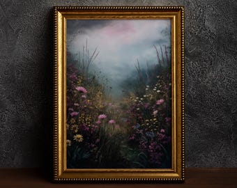 Dark Academia Field Print,Cottagecore Art,Moody Wall Art,Dark Botanical ,Dark Academia Floral,Moody Flowers,Rustic Landscape,Vintage Forest