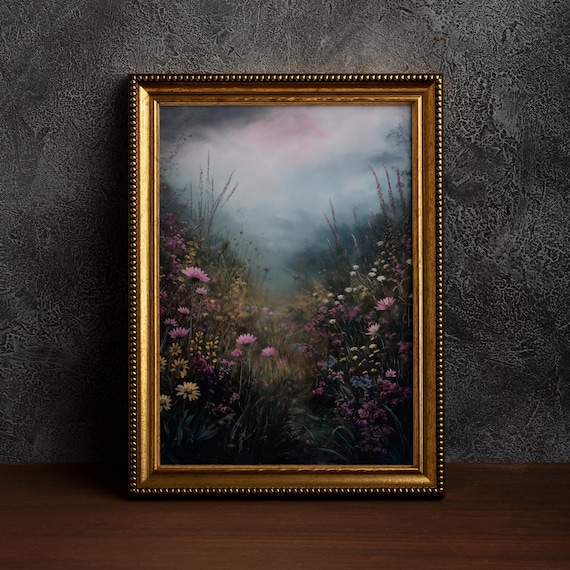 Dark Academia Field Print,Cottagecore Art,Moody Wall Art,Dark Botanical ,Dark Academia Floral,Moody Flowers,Rustic Landscape,Vintage Forest