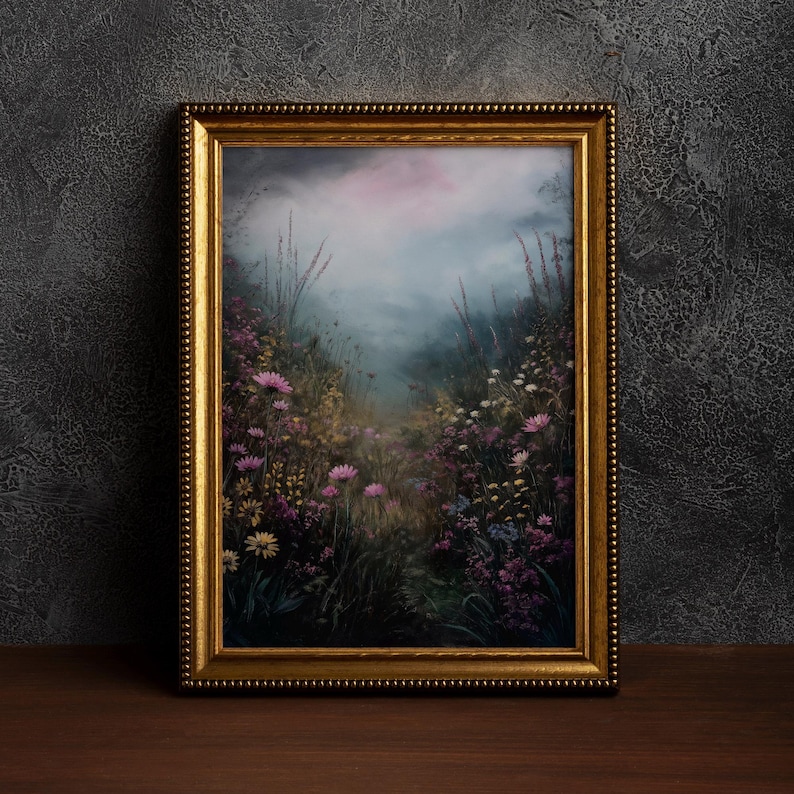 May include: A framed painting depicting a misty forest path lined with wildflowers. The flowers are mostly pink and purple, with some yellow and white accents. The background is a soft blue-grey, with a hint of pink in the sky.