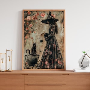 May include: A witch in a black dress and pointed hat stands in a forest setting with a black cat in a cauldron. The witch is holding a small cup in her hand. The background is a dark forest with pink flowers.