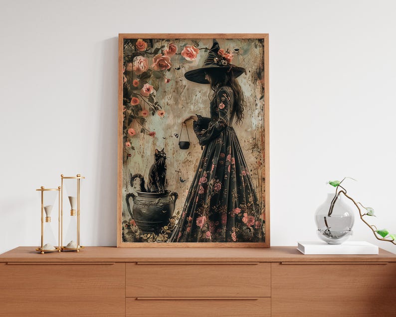 May include: A witch in a black dress and pointed hat stands in a forest setting with a black cat in a cauldron. The witch is holding a small cup in her hand. The background is a dark forest with pink flowers.