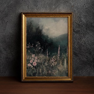 Dark Academia Felddruck, Cottagecore Kunst, launische Wandkunst, dunkle botanische, launische Blumen, rustikale Landschaft, Vintage Wald