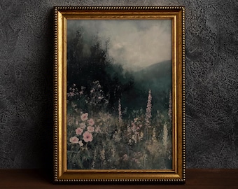Dark Academia Field Print,Cottagecore Art,Moody Wall Art,Dark Botanical ,Dark Academia Floral,Moody Flowers,Rustic Landscape,Vintage Forest