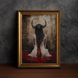 Demon Woman -Ethereal Female Portrait,Gothic Woman Dark Art, Dark Academia Art Bloody,Creepy Wall Art,Spooky Decor ,Witch Decor Print