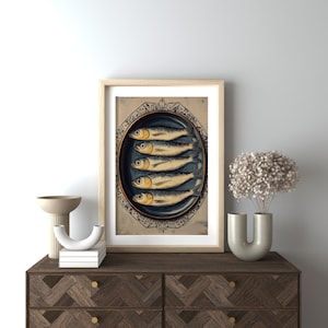 May include: A vintage illustration of a plate of sardines. The plate is decorated with a blue and white floral pattern. The sardines are arranged in a row, with their tails facing the viewer. The illustration is in a rustic style, with a faded background.