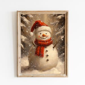 Rustic Snowman Christmas Art Print, Cozy Winter Holiday Decor, Vintage Snowman Wall Art, Christmas Gift Idea, Festive Snowman Scene Decor