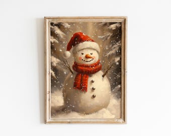 Rustic Snowman Christmas Art Print, Cozy Winter Holiday Decor, Vintage Snowman Wall Art, Christmas Gift Idea, Festive Snowman Scene Decor