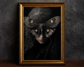 Black Moth Oil Painting,Dark Academia Wall Art,Rustic Black Moth Art, Dark Cottagecore Moth Print, Vintage Animal Art,Butterfly Lover Gift