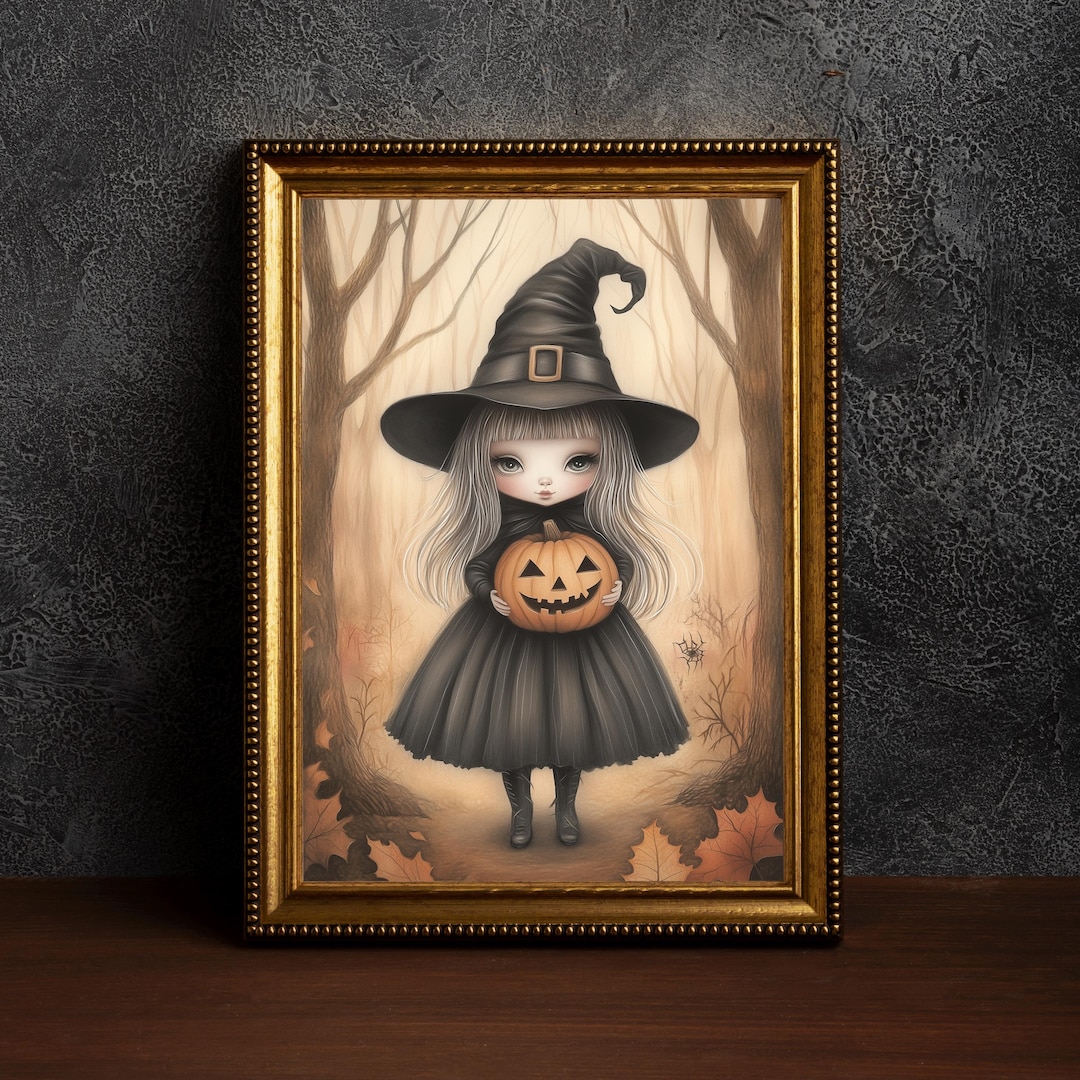 Cute Little Witch and Jack O Lanterns- Halloween Wall Art, Ghost Print ...