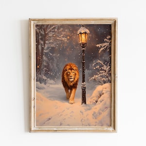 May include: A painting of a lion walking through a snowy forest towards a lit street lamp. The lion is brown and has a mane. The forest is dark and the snow is white. The street lamp is tall and has a yellow light.