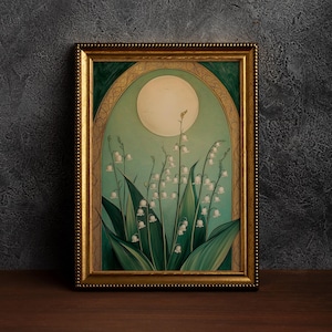 Lily of the Valley and Moon Emerald Green,Art Nouveau Floral,Elegant Botanical ,Serene Nature Artwork,Moody Flowers,Flowery Spiritual