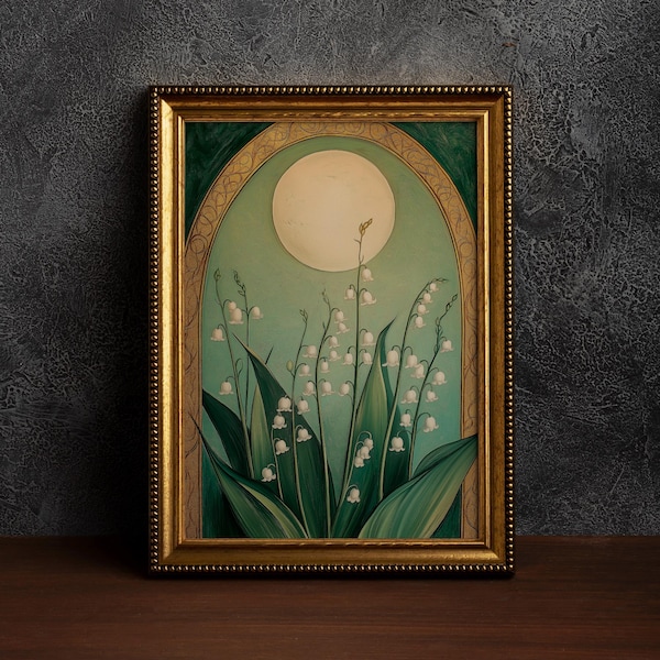 Lily of the Valley and Moon Emerald Green,Art Nouveau Floral,Elegant Botanical ,Serene Nature Artwork,Moody Flowers,Flowery Spiritual