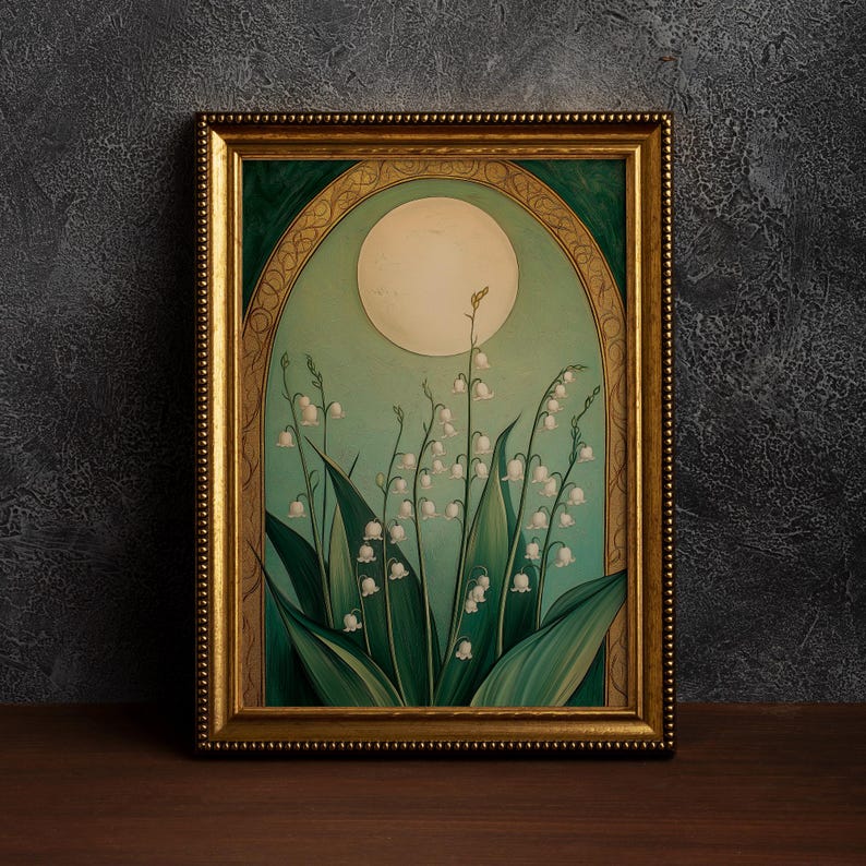 Lily of the Valley and Moon Emerald Green,Art Nouveau Floral,Elegant Botanical ,Serene Nature Artwork,Moody Flowers,Flowery Spiritual