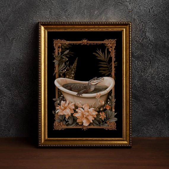 Art Nouveau Crocodile Bath Art,Vintage Exhibition Poster,Bathroom Decor Print,Floral Alligator in Bath,Alligator Lover Gift Idea